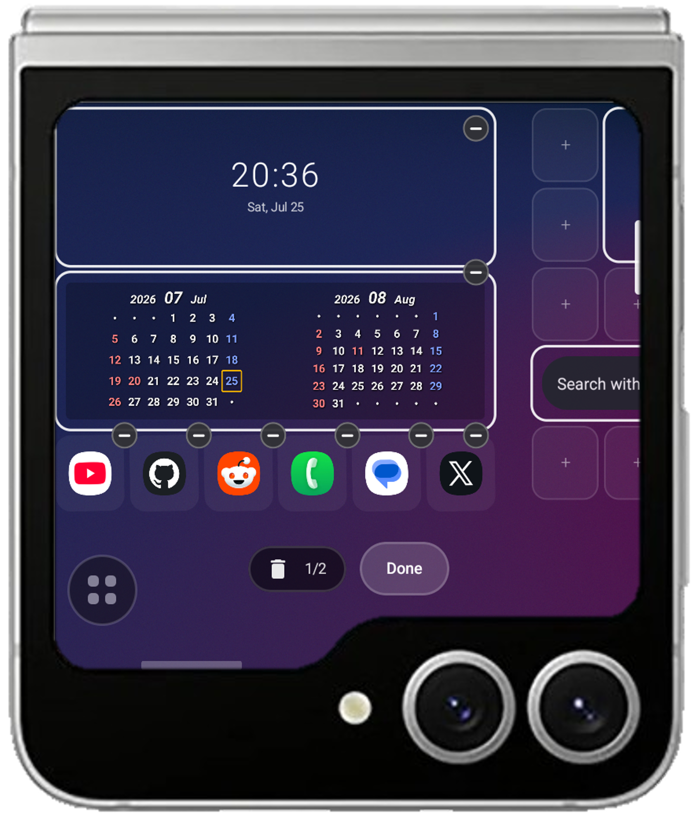 Lib Launcher の編集モード。削除ボタンとページ切り替えバーが表示されている