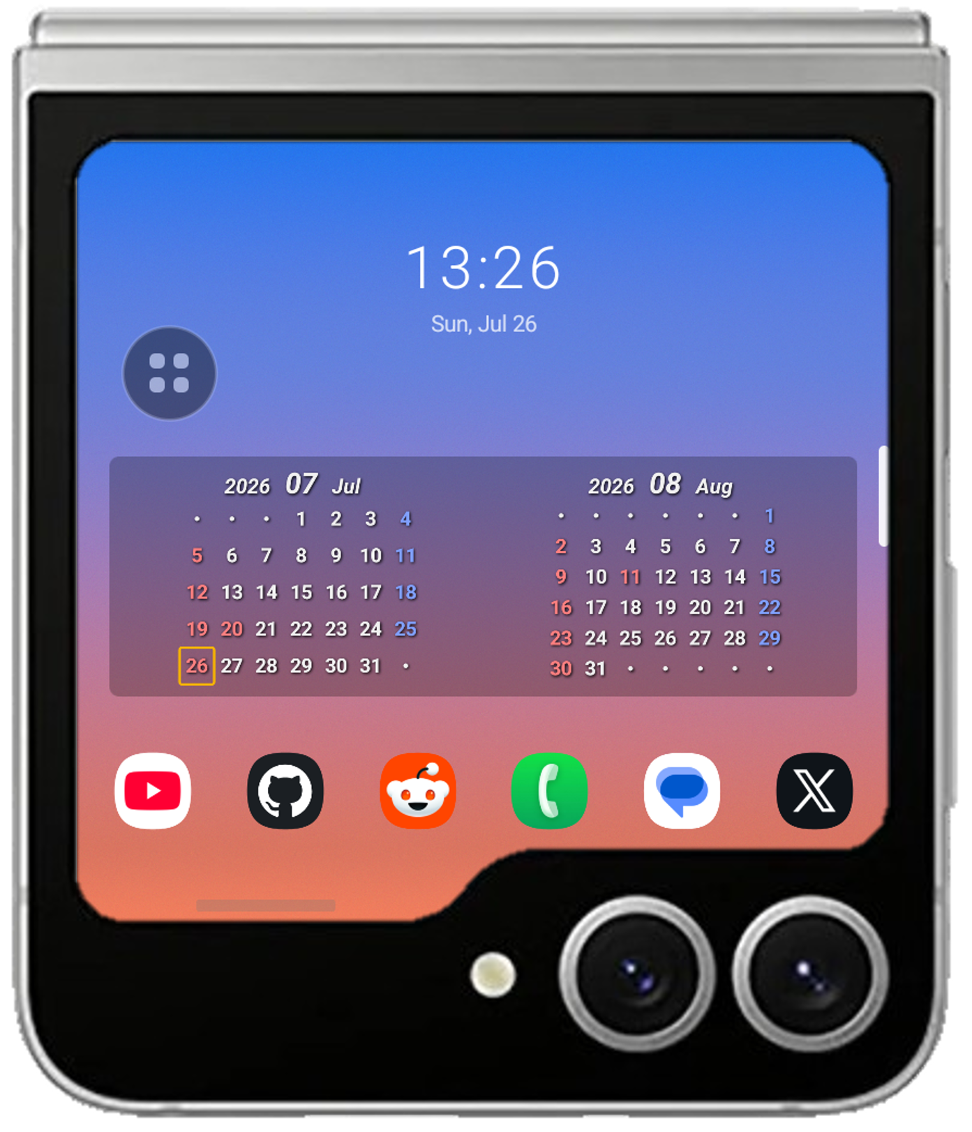 Lib Launcher のホーム画面。カバー画面に時計とカレンダーウィジェット、アプリが並んでいる