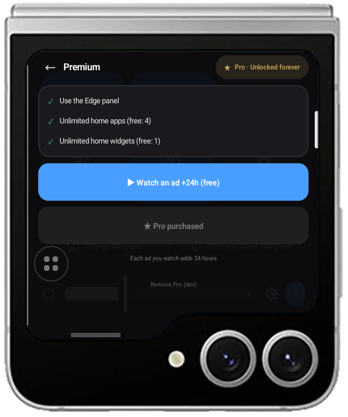 Lib Launcher のプレミアム画面。解除できる機能と解除方法が表示されている